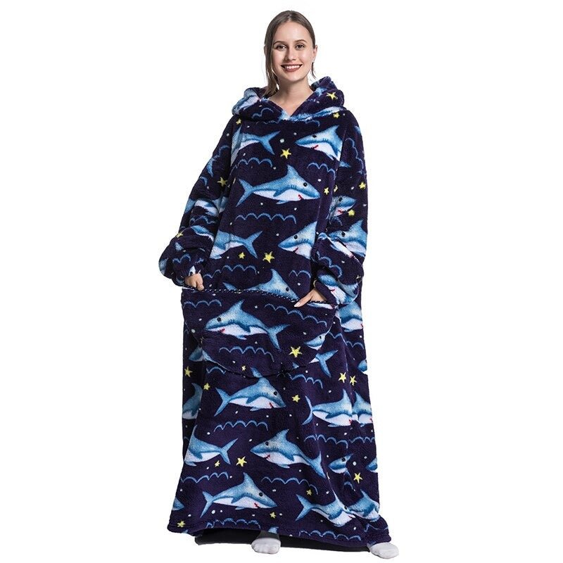 Shoodie™ Haai Donkerblauw XL | Nie wieder frieren mit dieser warmen Fleece-Hoodiedecke!!