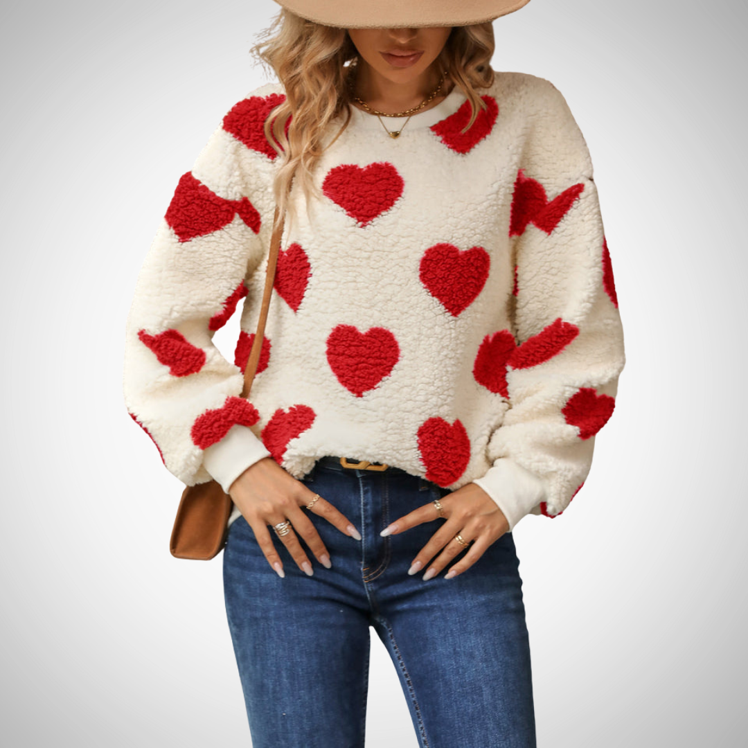 Herzen Pullover | Damen Teddy Sweater mit Herzmotiv