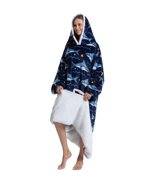 Shoodie™ Haai Donkerblauw XL | Nie wieder frieren mit dieser warmen Fleece-Hoodiedecke!!