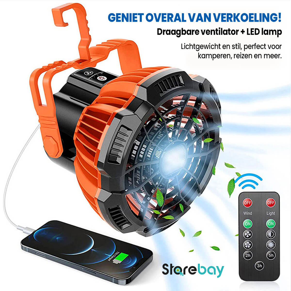Tragbarer Camping-Ventilator + LED-Lampe - Leicht und leise im Gebrauch