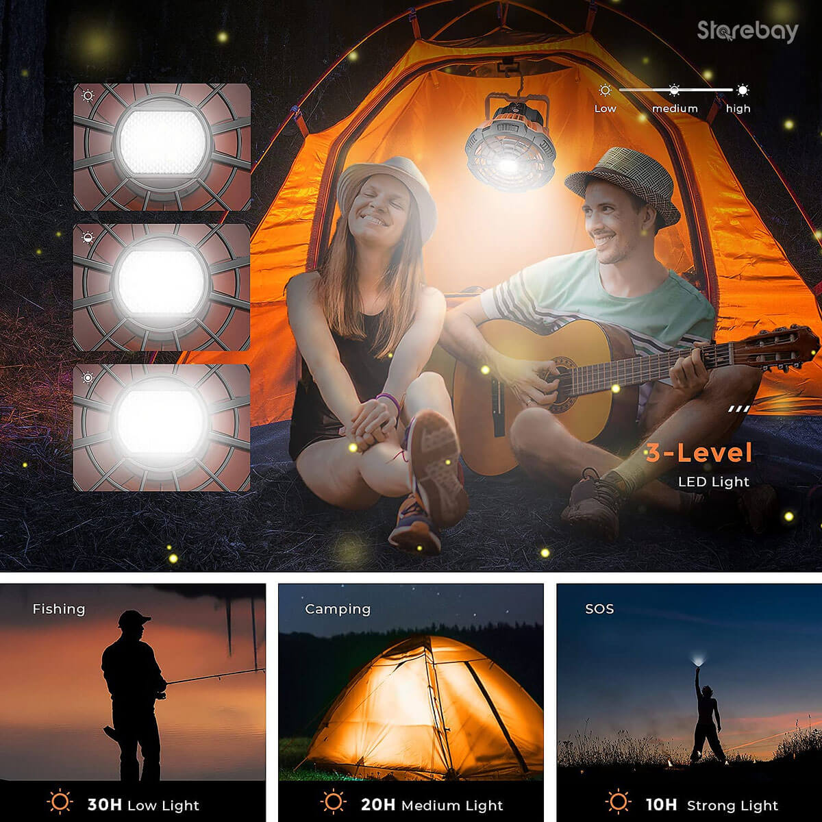 Tragbarer Camping-Ventilator + LED-Lampe - Leicht und leise im Gebrauch